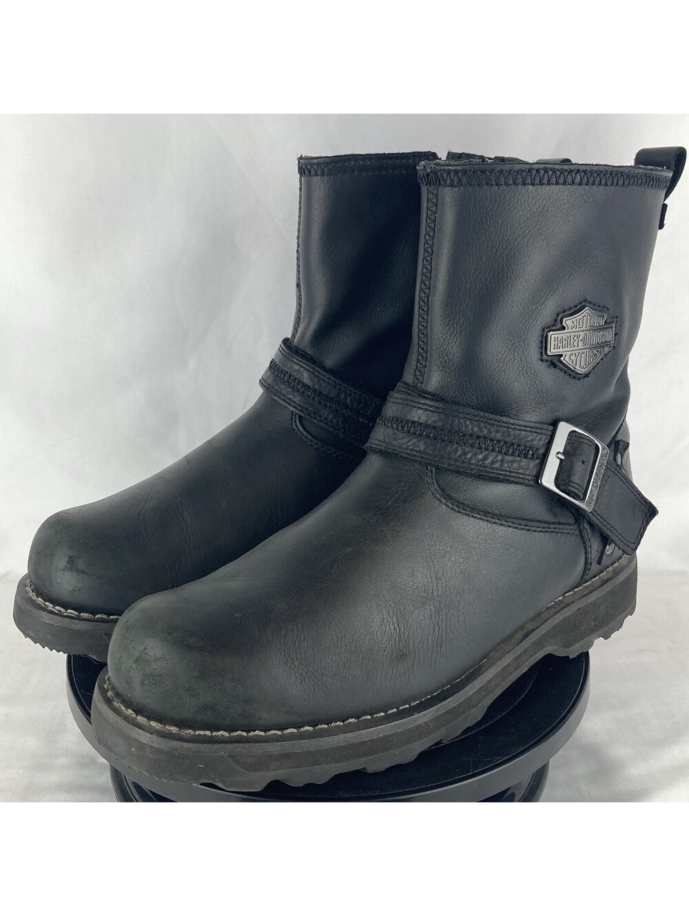 Men’s Size 11 Harley Davidson Leather Buckle Ankle Boots Side Zip Black D93511